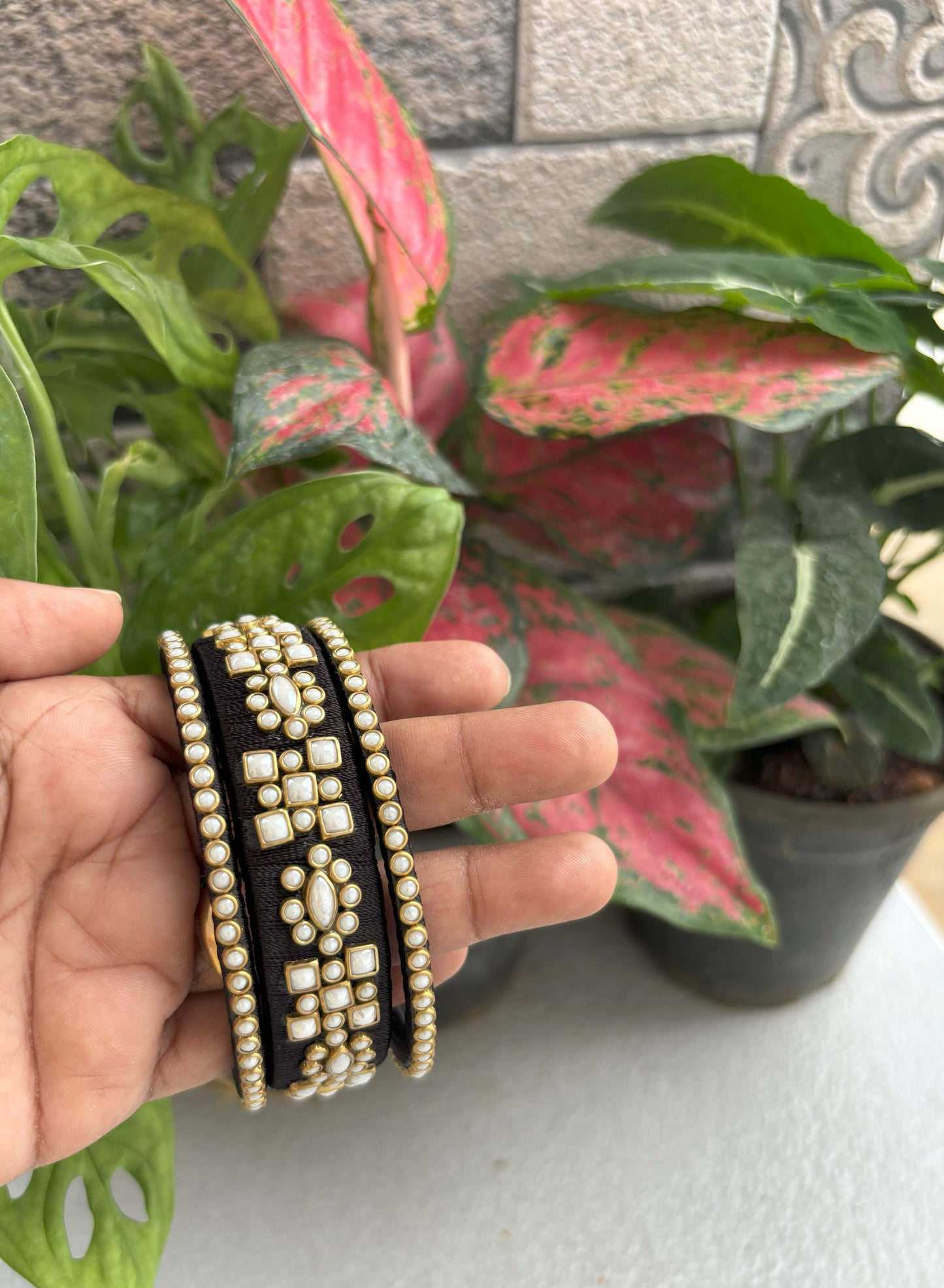 Handmade Black Silk Thread Bangle Set with Kundan and Pearl Work