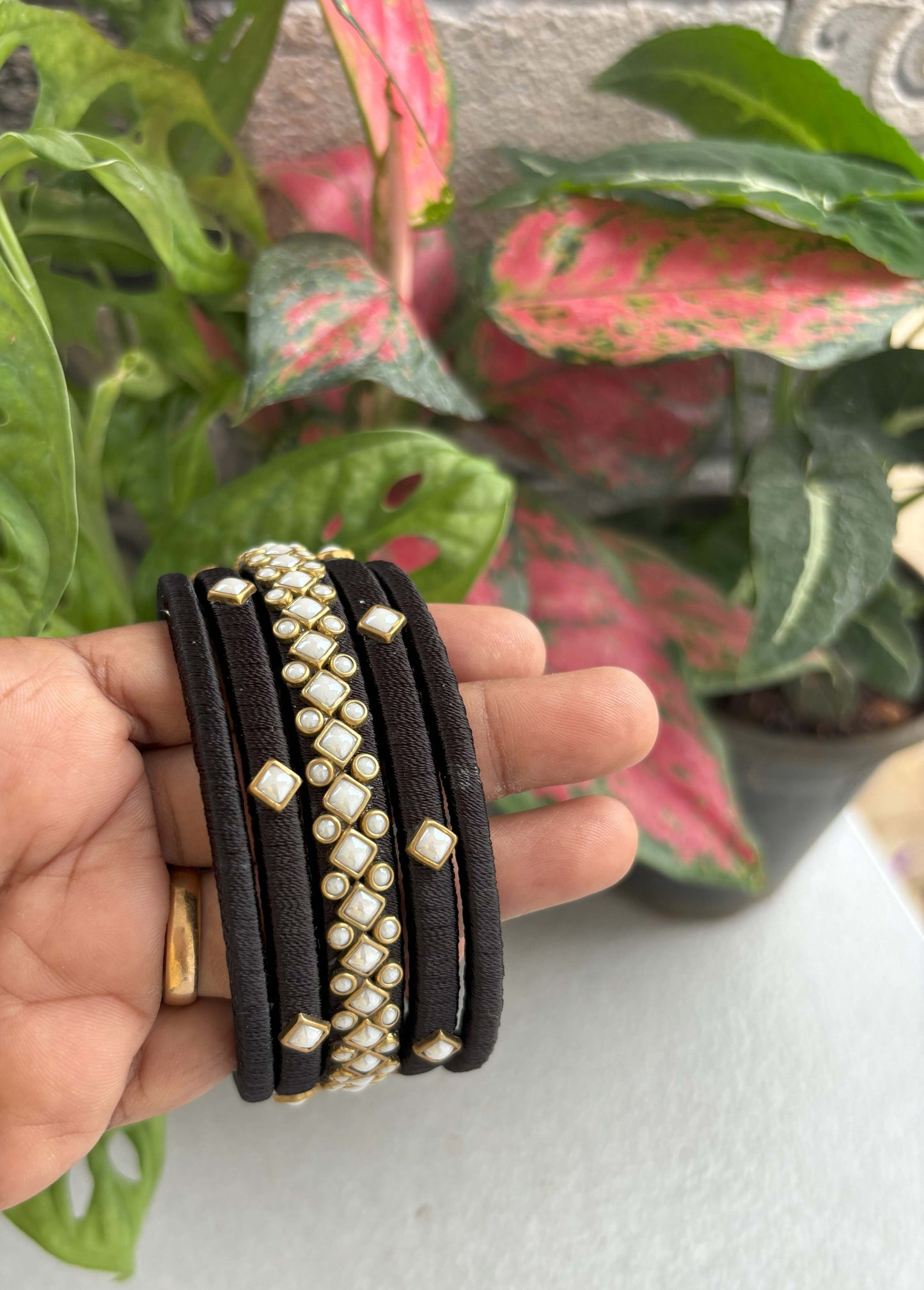 Handmade Black Silk Thread Bangle Set with Kundan and Pearl Work