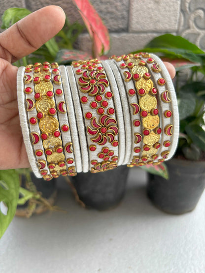 Handmade Silver Silk Thread Bangle Set with Gold Kasu Coins
