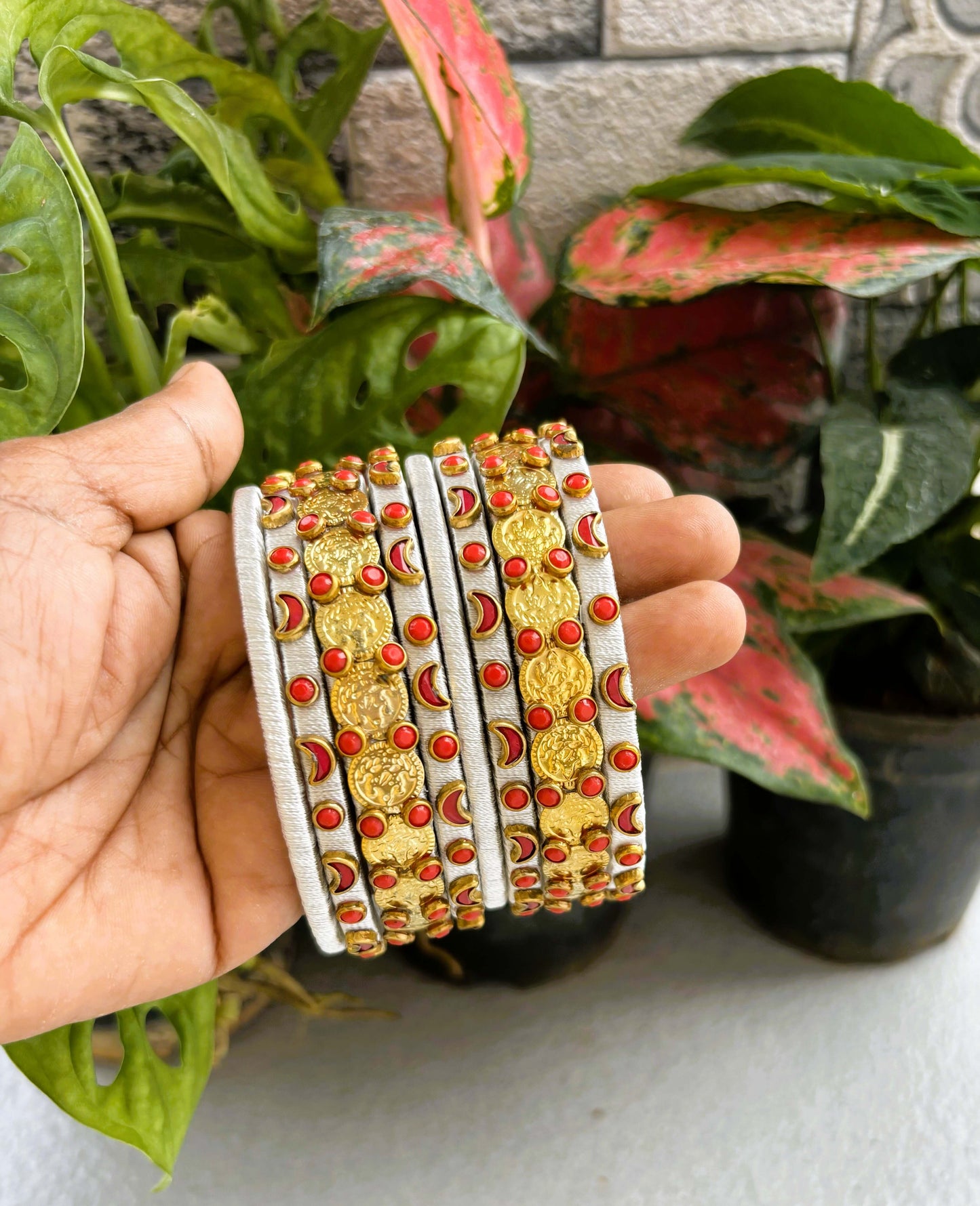 Handmade Silver Silk Thread Bangle Set with Gold Kasu Coins
