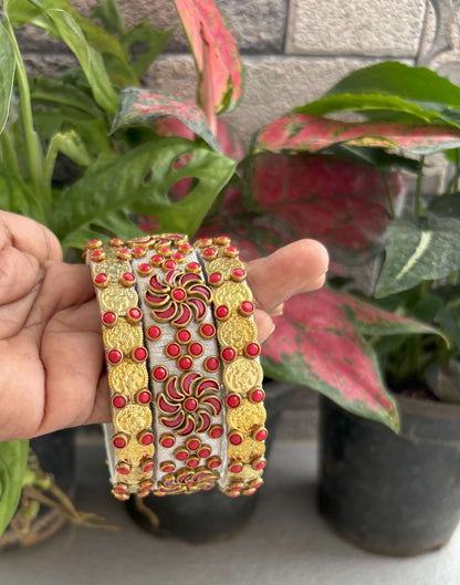 Handmade Silver Silk Thread Bangle Set with Gold Kasu Coins