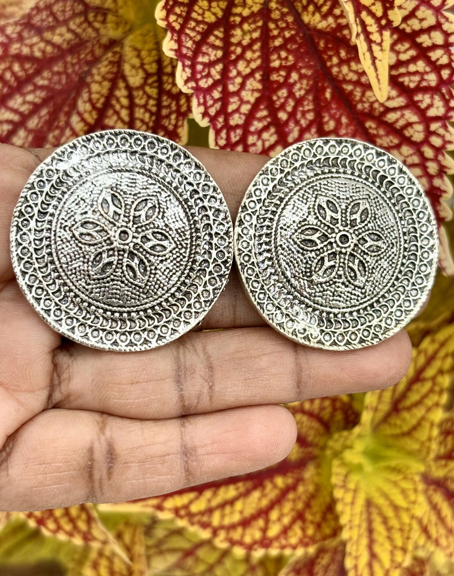 Oxidized Silver Floral Disc Studs