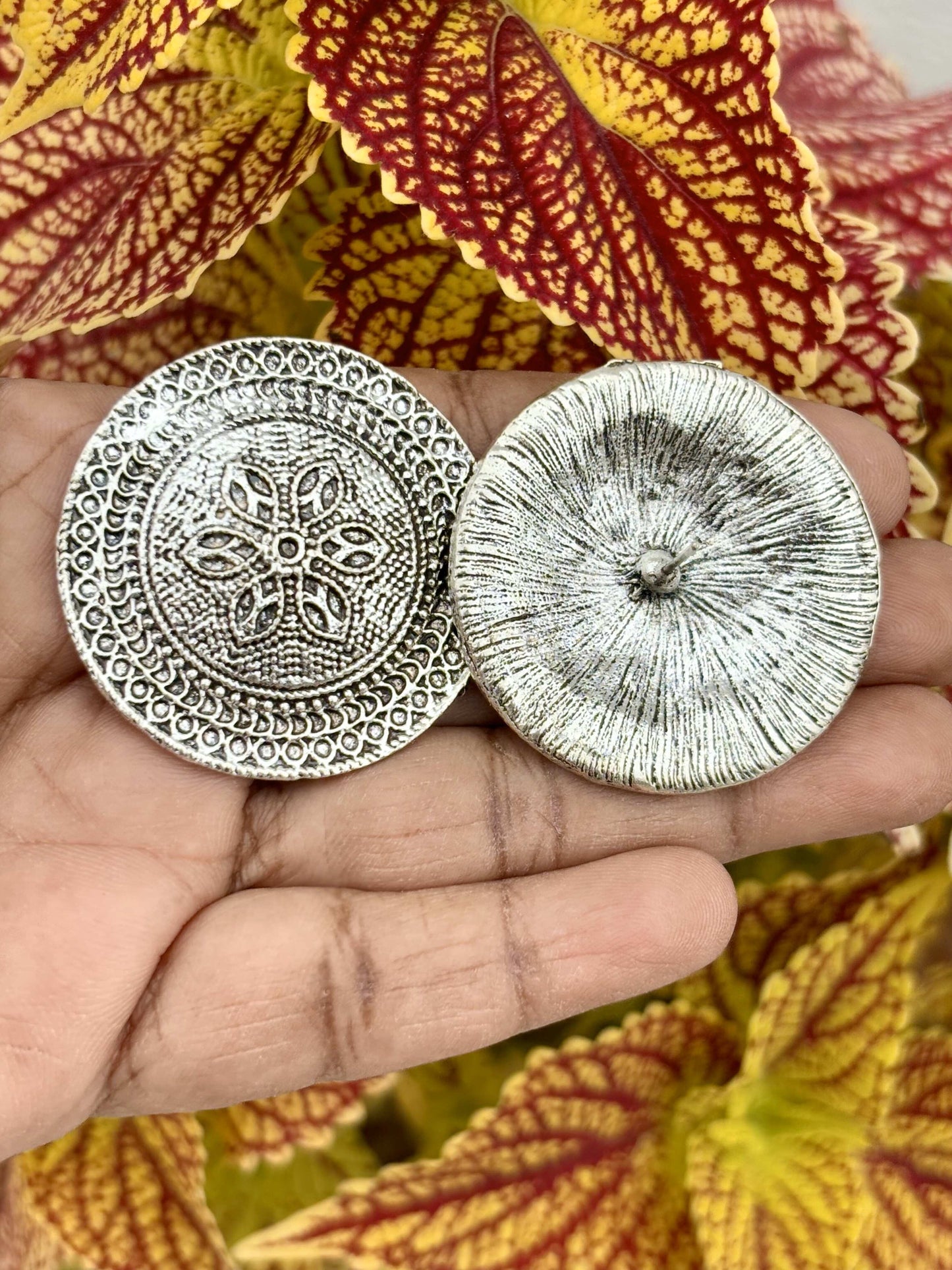 Oxidized Silver Floral Disc Studs