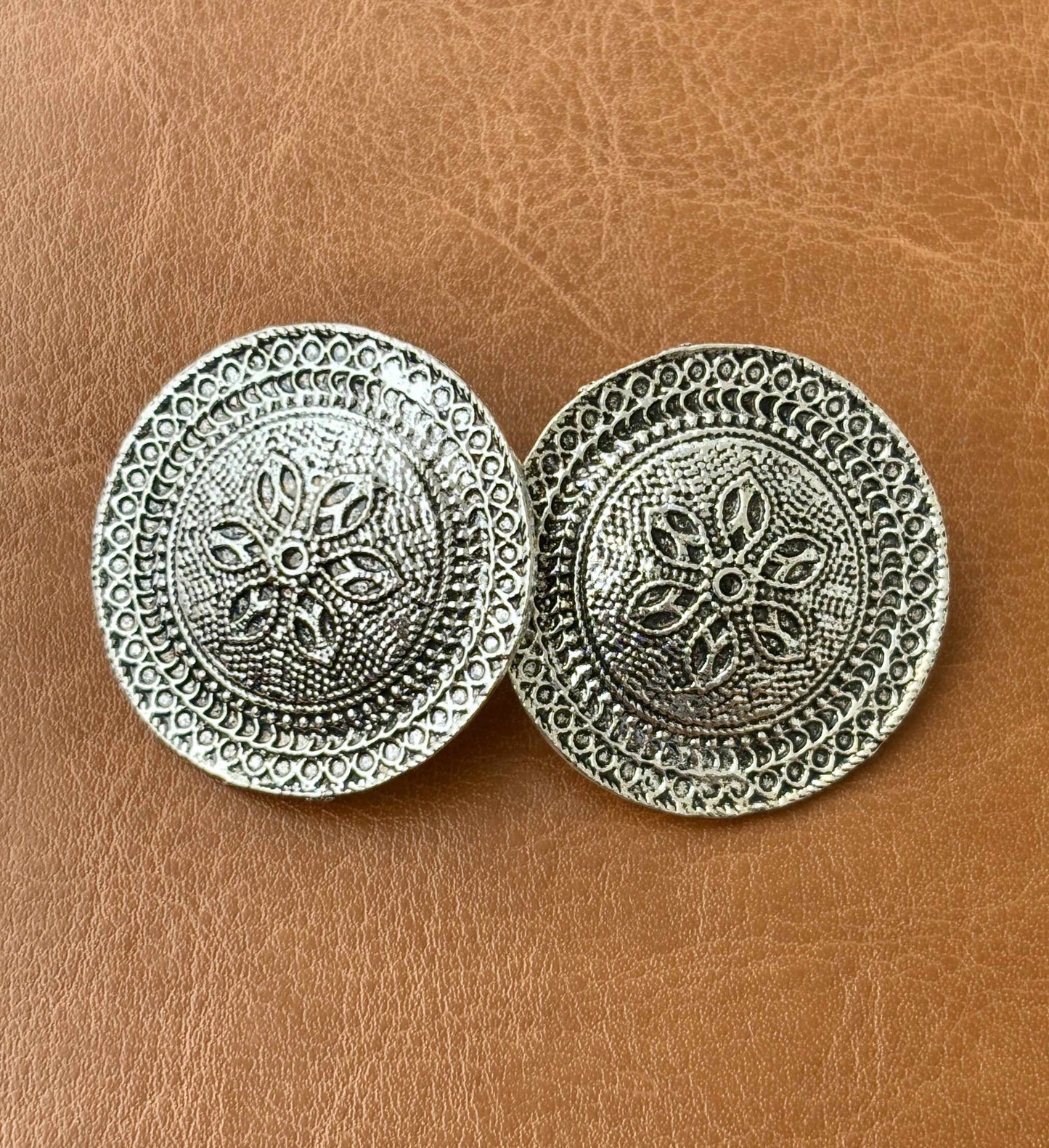 Oxidized Silver Floral Disc Studs