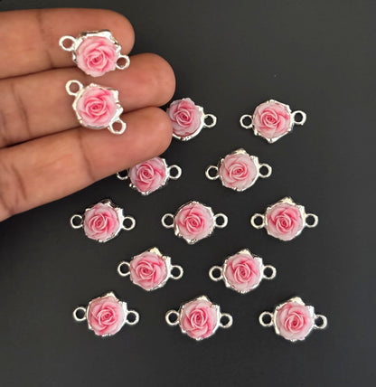 Pink Rose Resin Connectors - Silver Frame Floral Jewelry Charms