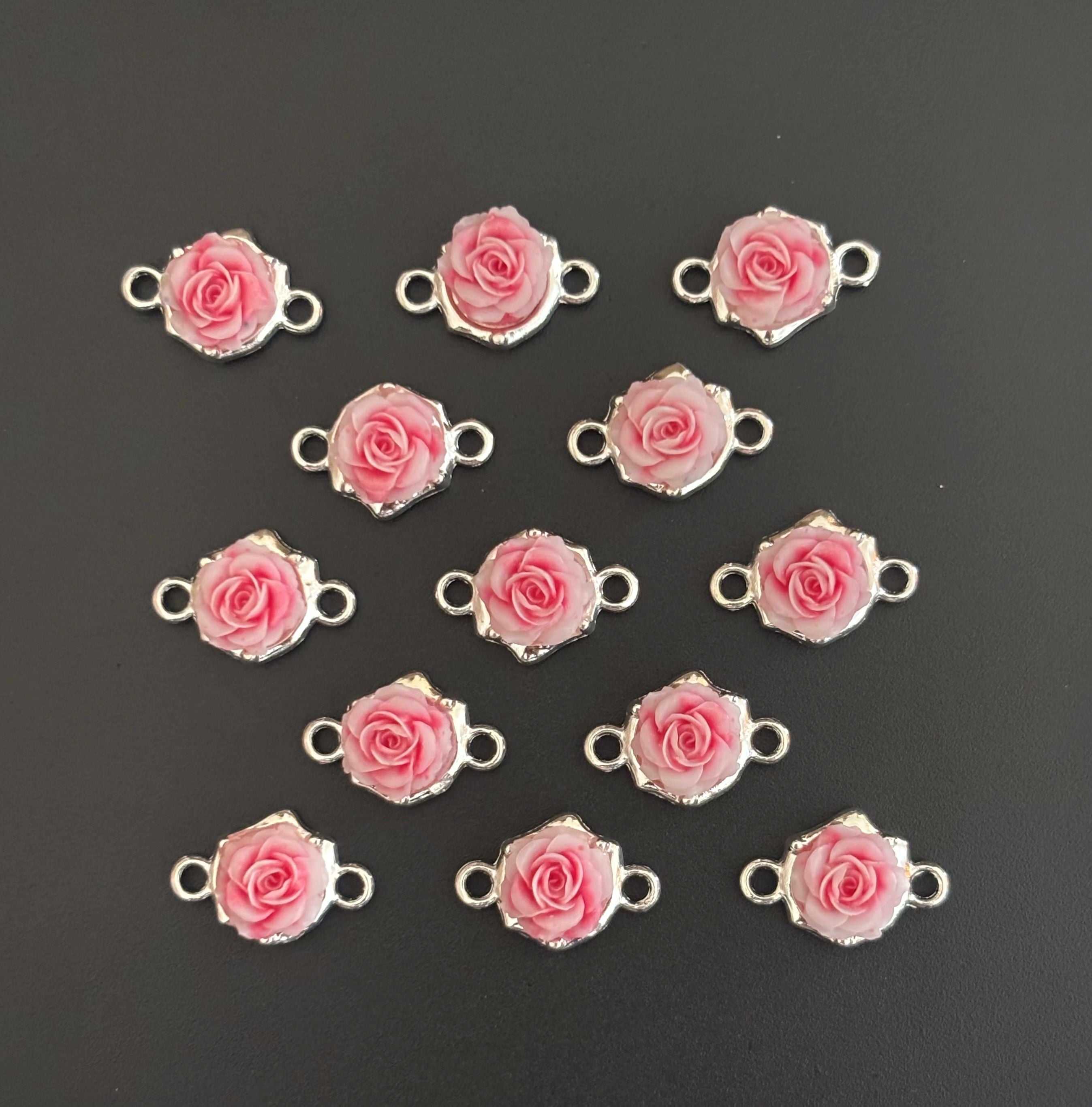 Pink Rose Resin Connectors - Silver Frame Floral Jewelry Charms
