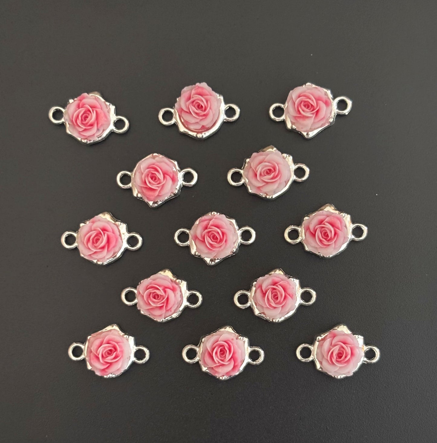 Pink Rose Resin Connectors - Silver Frame Floral Jewelry Charms