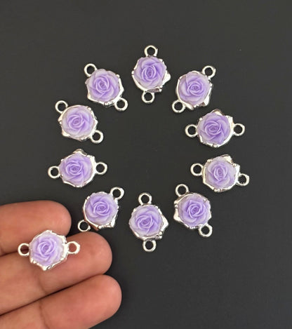 Lavender Rose Resin Connectors - Silver Frame Floral Jewelry Charms