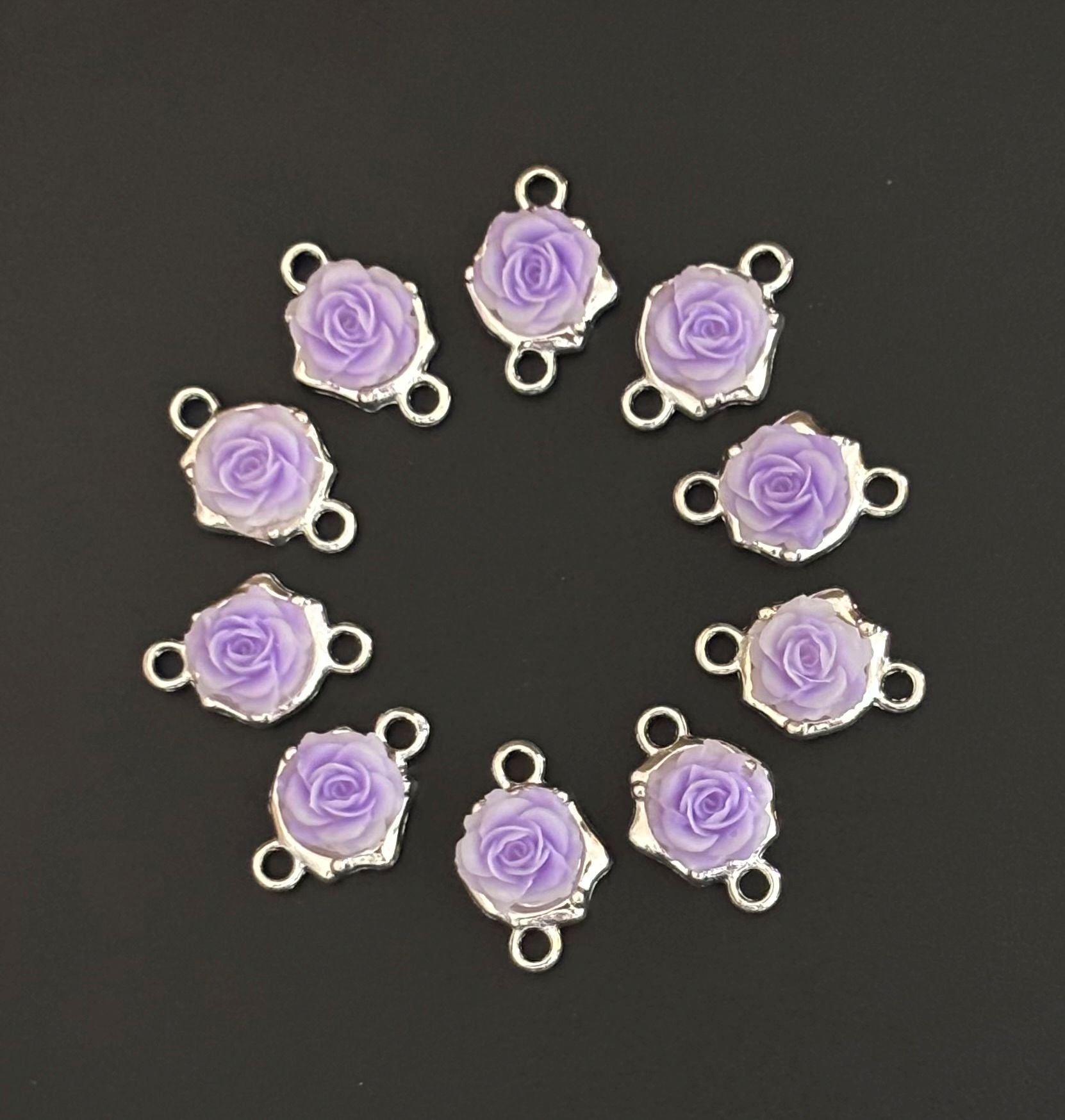 Lavender Rose Resin Connectors - Silver Frame Floral Jewelry Charms