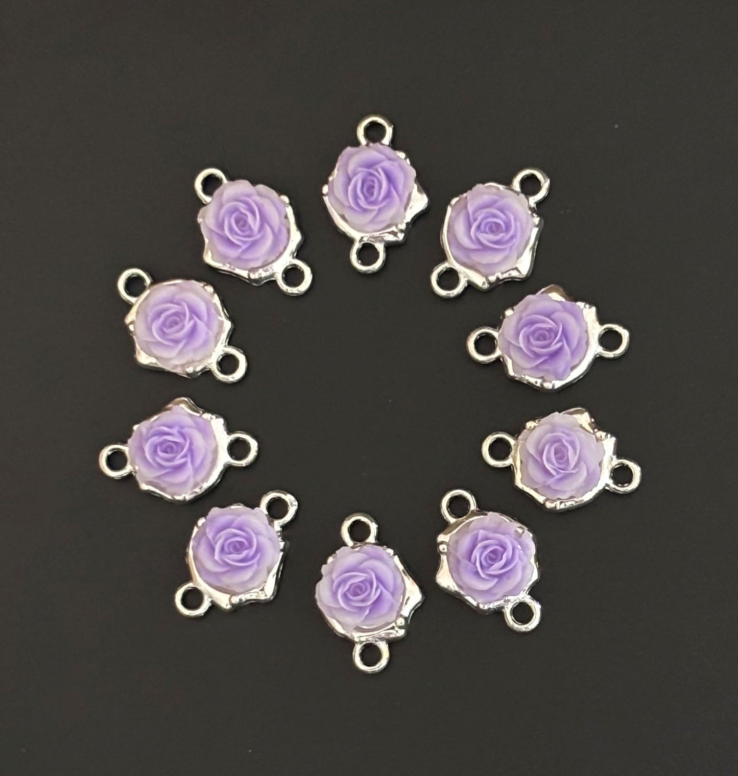Lavender Rose Resin Connectors - Silver Frame Floral Jewelry Charms