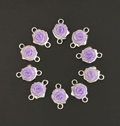 Lavender Rose Resin Connectors - Silver Frame Floral Jewelry Charms