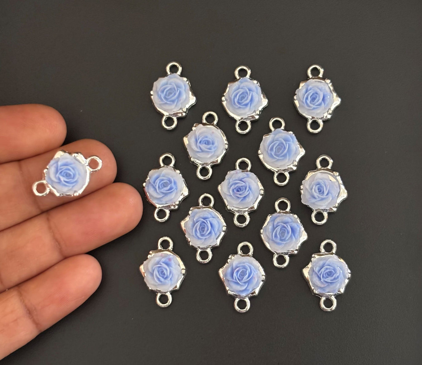 Light Blue Rose Resin Connectors - Silver Frame Floral Jewelry Charms