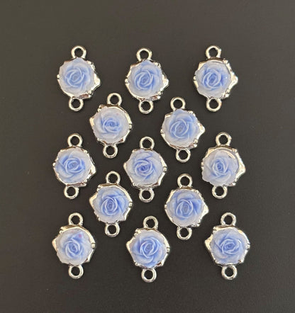 Light Blue Rose Resin Connectors - Silver Frame Floral Jewelry Charms