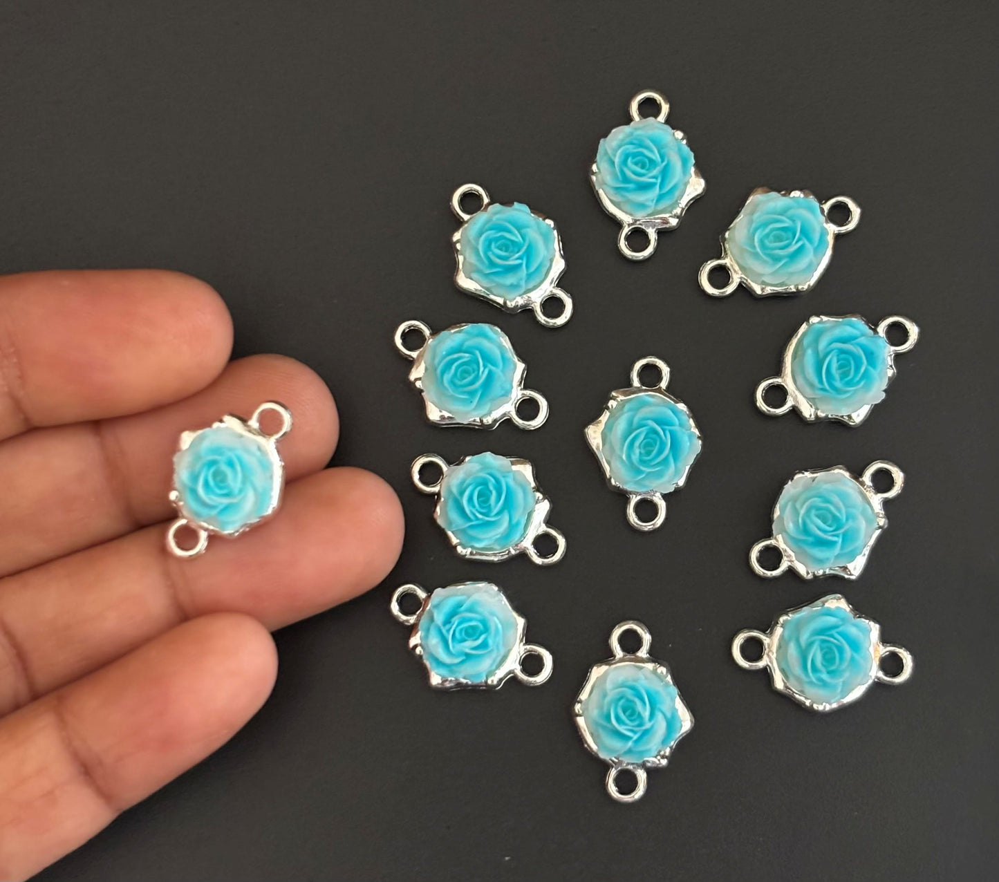 Turquoise Rose Resin Connectors - Silver Frame Floral Jewelry Charms