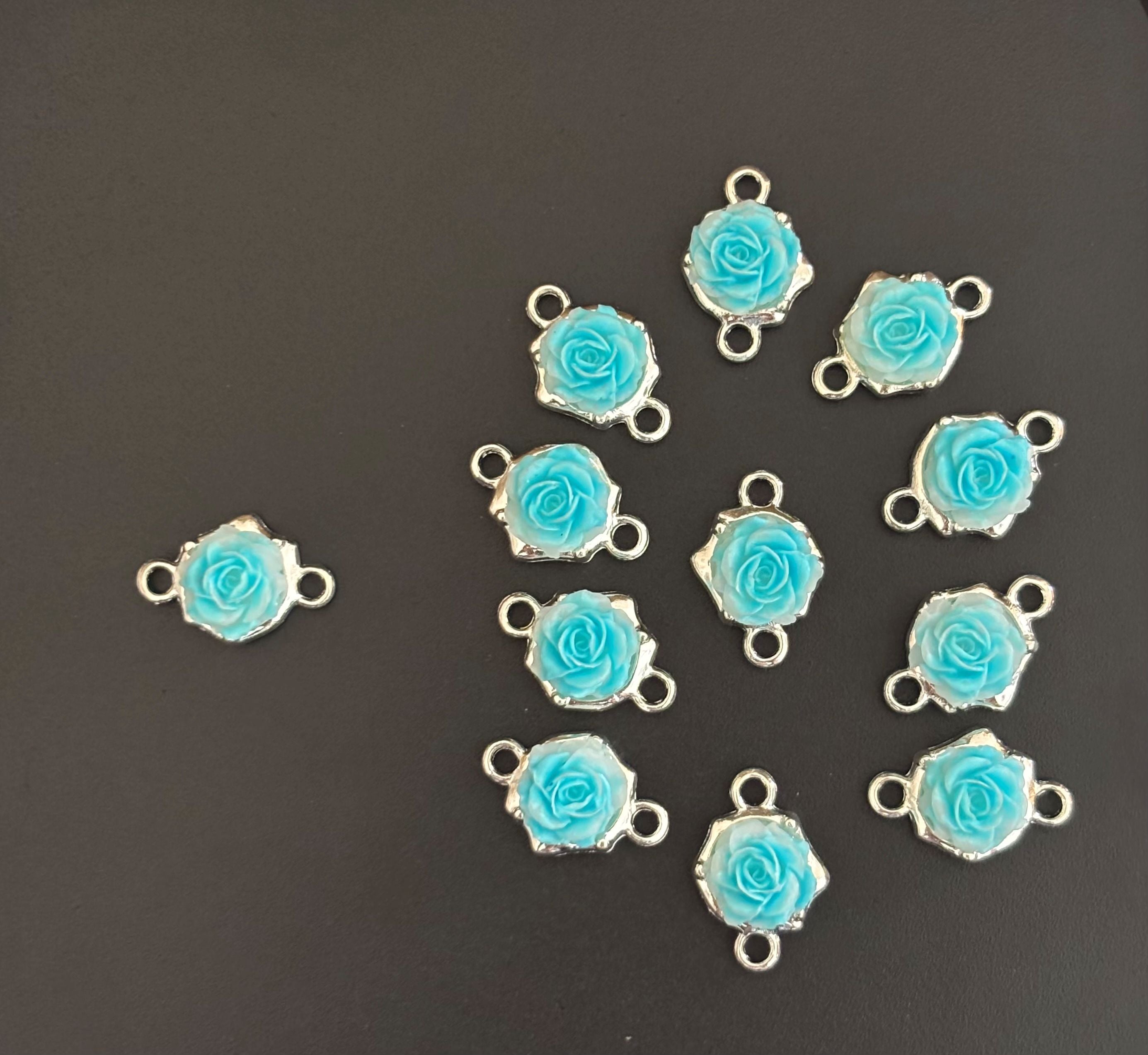 Turquoise Rose Resin Connectors - Silver Frame Floral Jewelry Charms