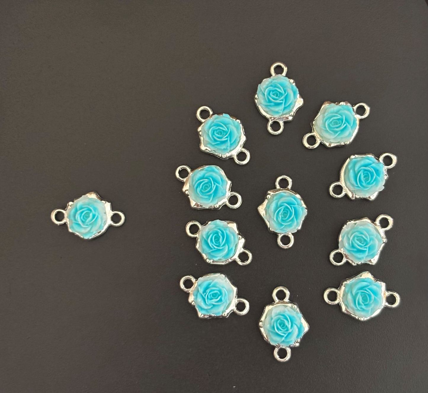 Turquoise Rose Resin Connectors - Silver Frame Floral Jewelry Charms