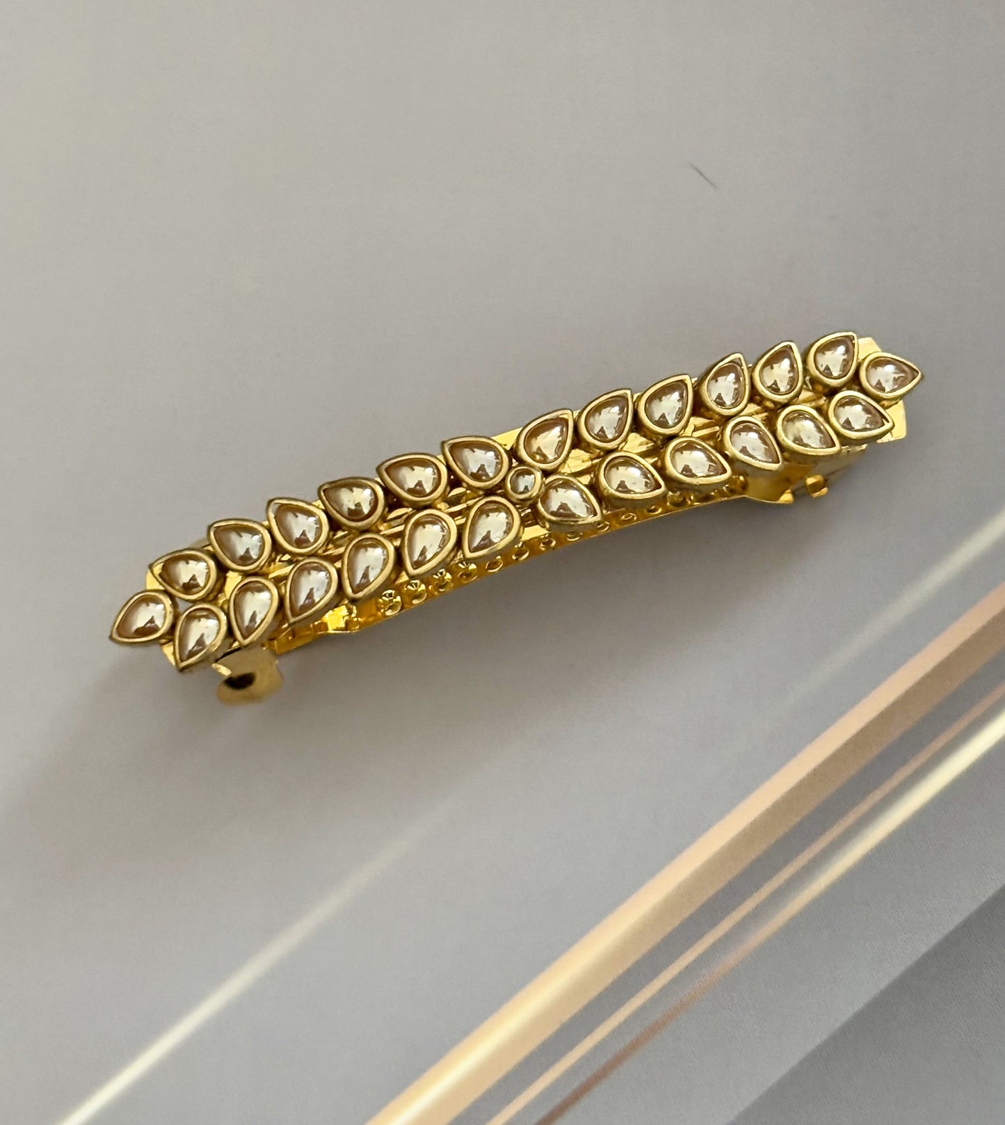Handmade Champagne Kundan Stones Gold Hair Clip