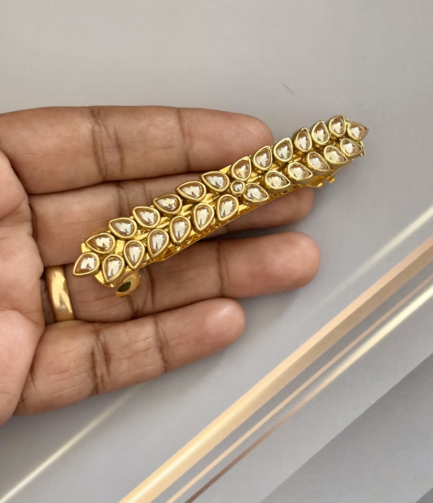 Handmade Champagne Kundan Stones Gold Hair Clip
