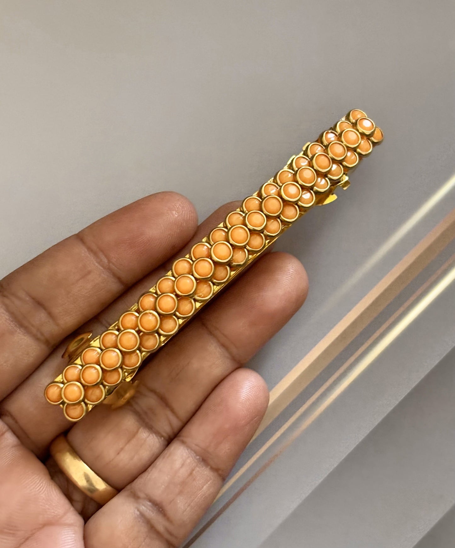 Handmade Light Orange Kundan Gold Hair Clip