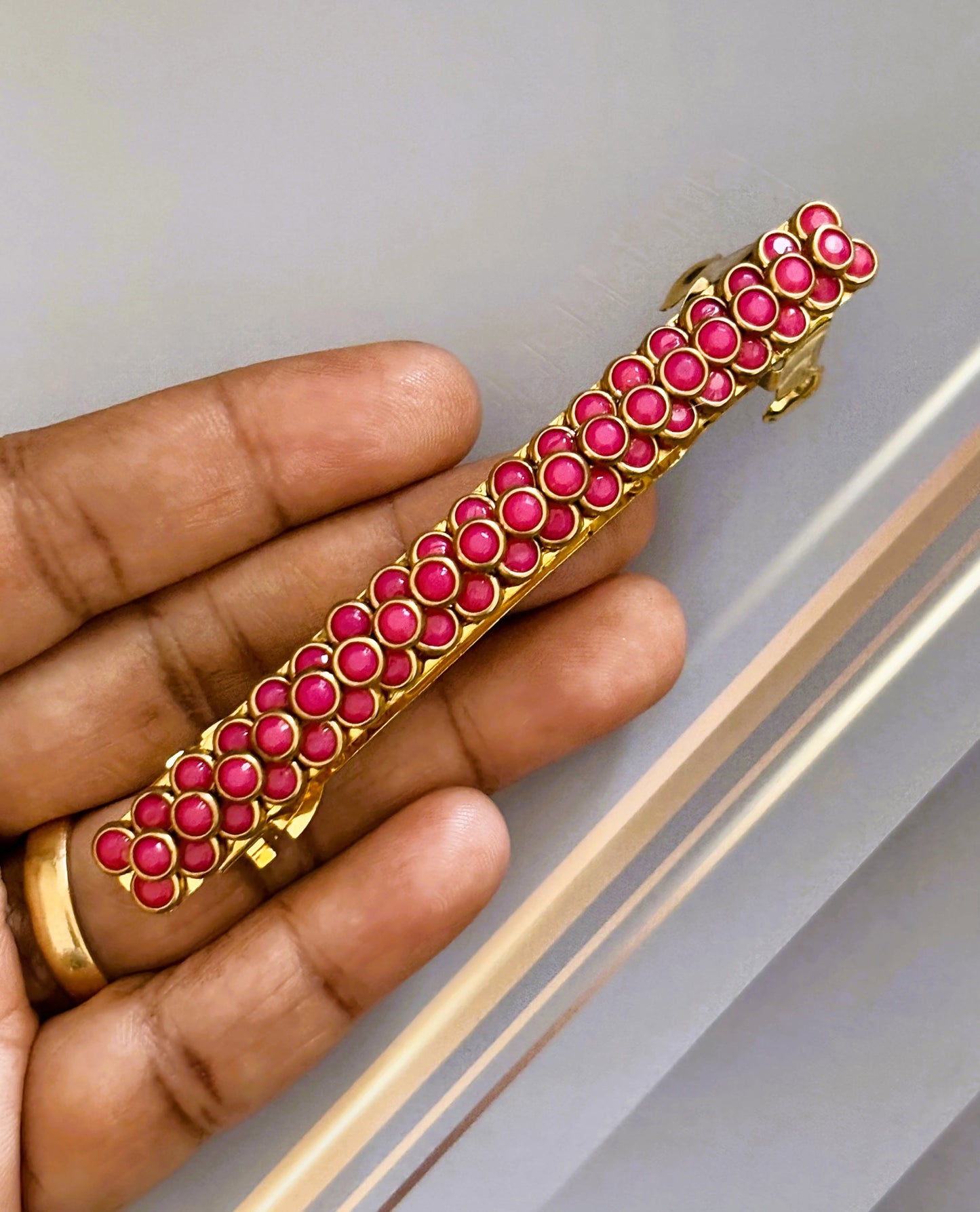 Handmade Fuchsia Pink Kundan Gold Hair Clip