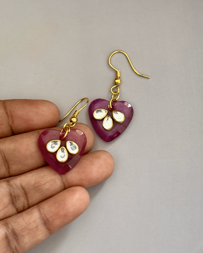 Handmade Indian Ethnic Pink Heart Kundan Earrings