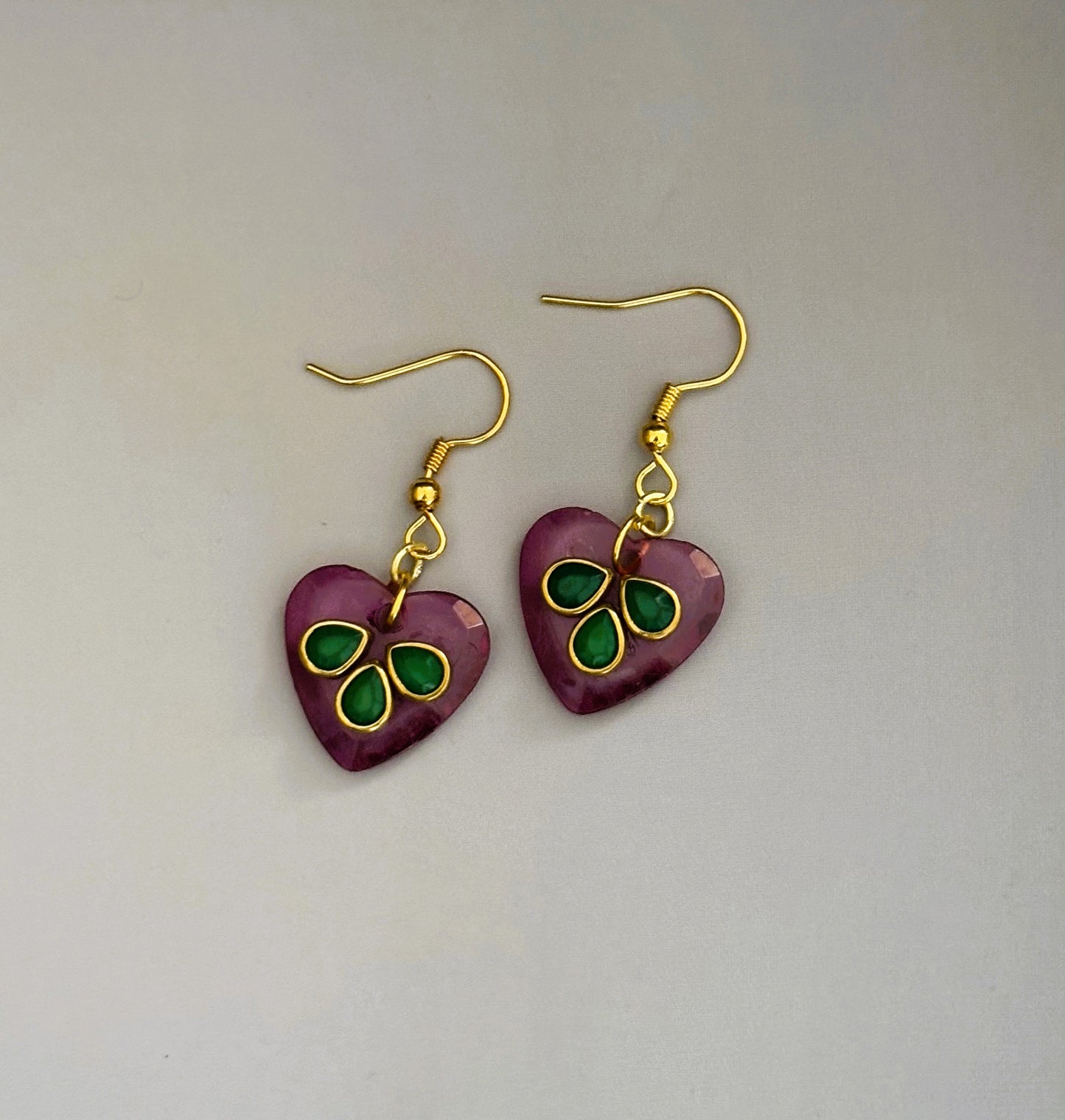 Handmade Pink Heart Earrings with Green Kundan Stones