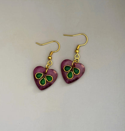 Handmade Pink Heart Earrings with Green Kundan Stones