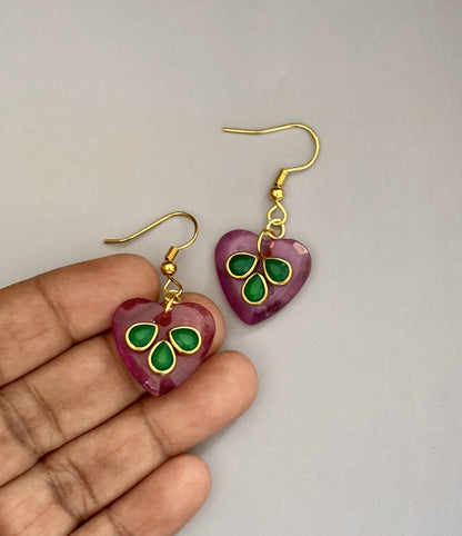 Handmade Pink Heart Earrings with Green Kundan Stones