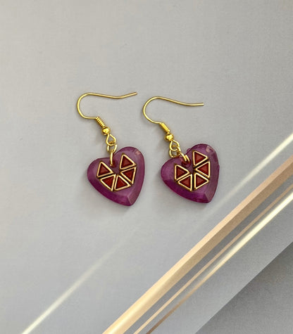 Handmade Pink Heart Kundan Earrings with Geometric Design