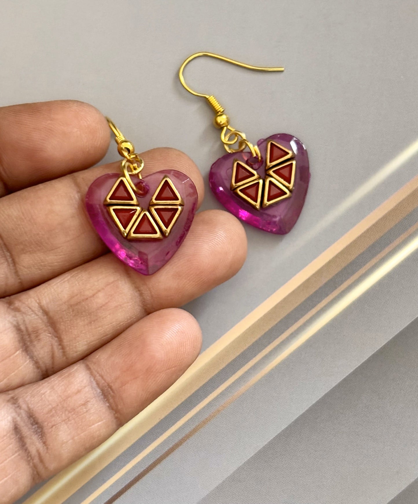 Handmade Pink Heart Kundan Earrings with Geometric Design