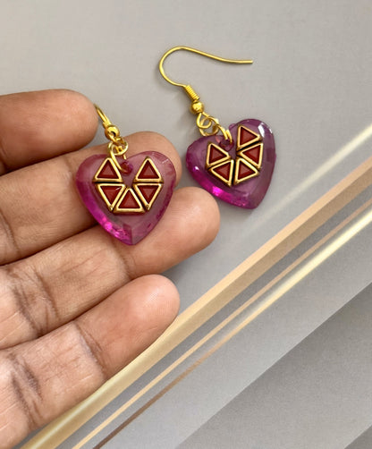 Handmade Pink Heart Kundan Earrings with Geometric Design