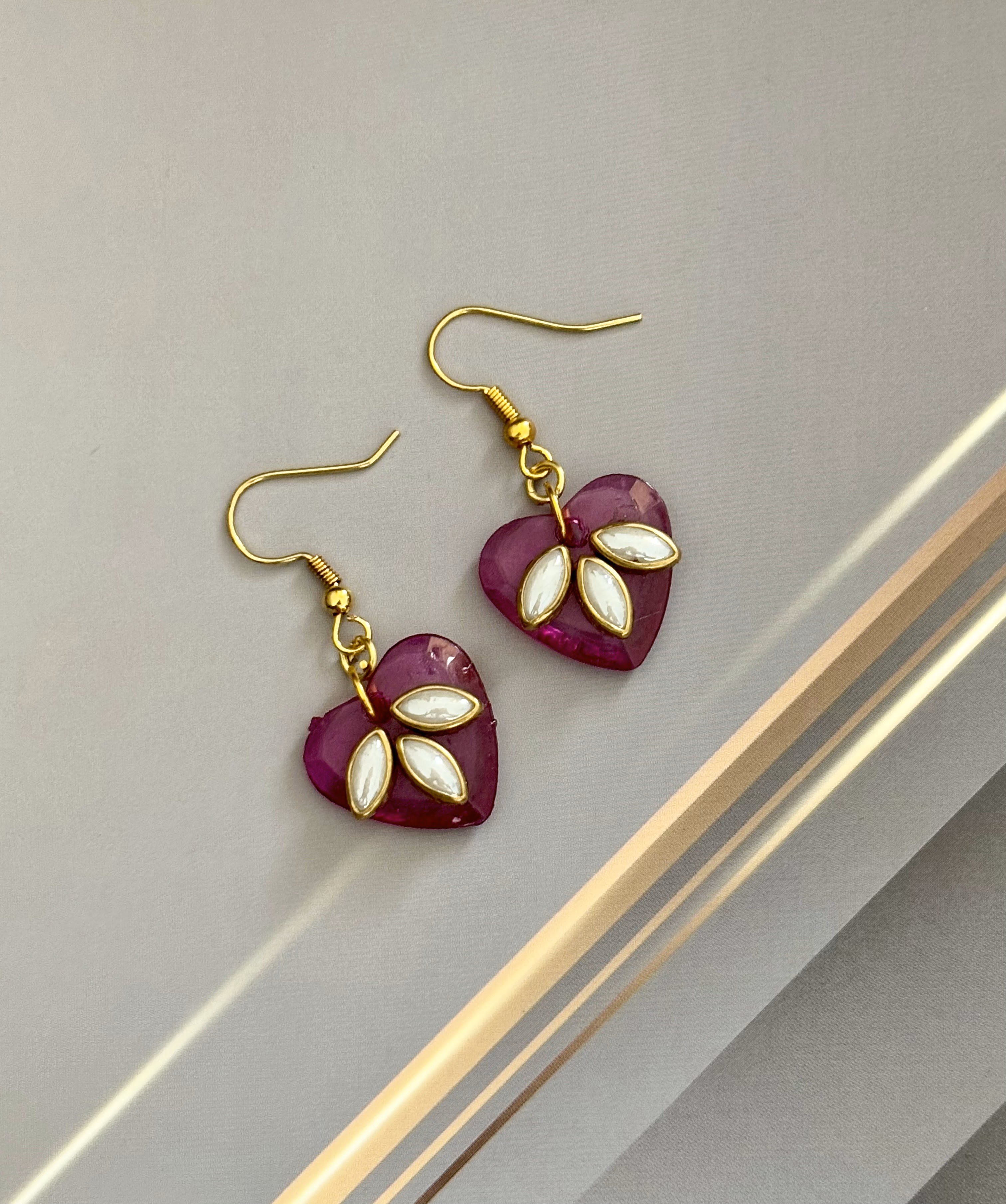 Pink Heart Earrings with Kundan Leaf Design