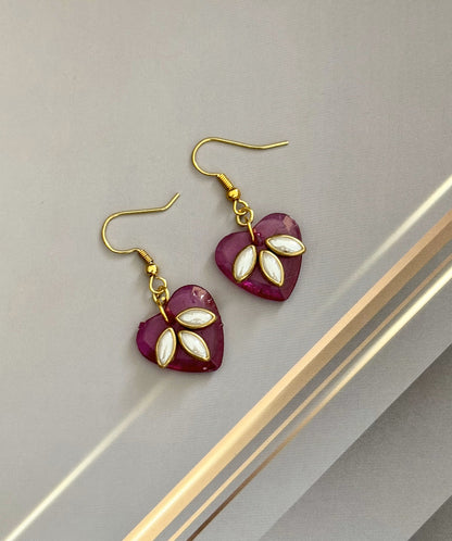 Pink Heart Earrings with Kundan Leaf Design
