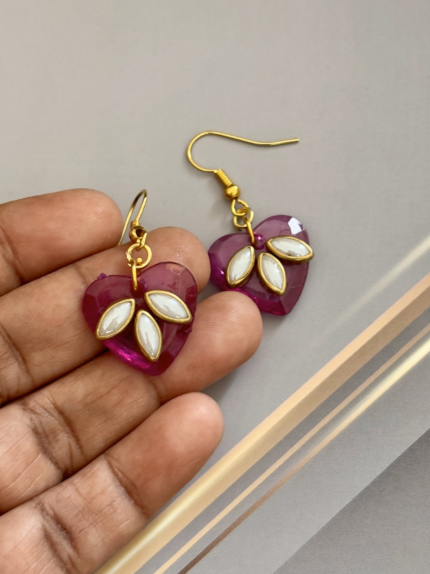 Pink Heart Earrings with Kundan Leaf Design
