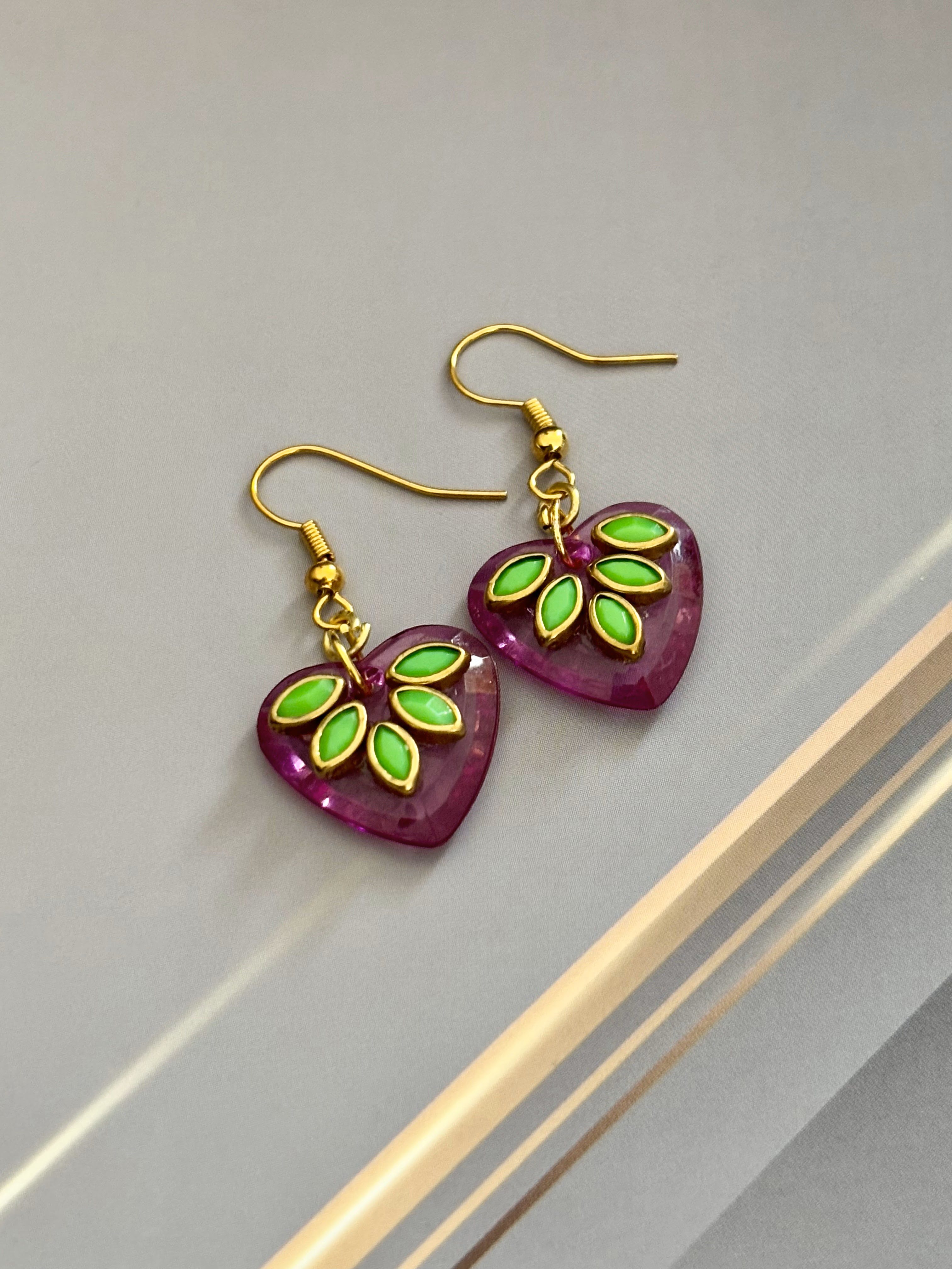 Handmade Pink Heart Earrings with Green Kundan Leaves