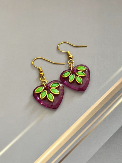 Handmade Pink Heart Earrings with Green Kundan Leaves
