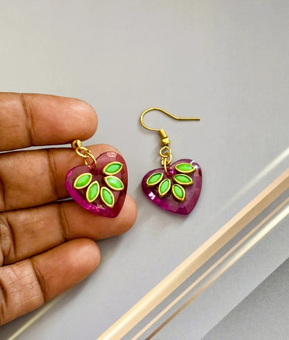 Handmade Pink Heart Earrings with Green Kundan Leaves