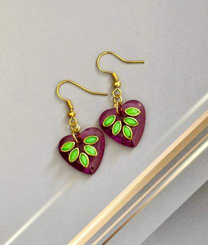Handmade Pink Heart Earrings with Green Kundan Leaves