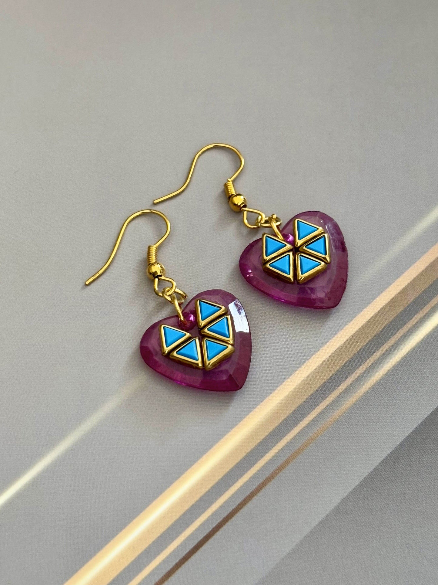 Pink Heart Earrings with Blue Geometric Kundan Design
