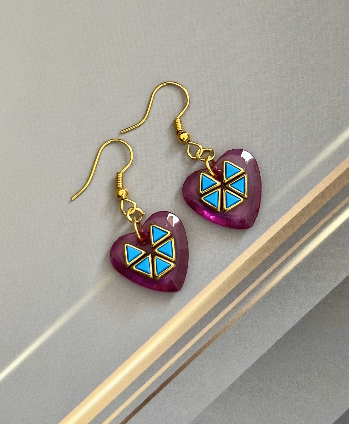 Pink Heart Earrings with Blue Geometric Kundan Design