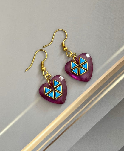 Pink Heart Earrings with Blue Geometric Kundan Design
