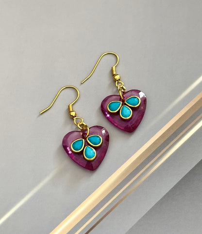 Pink Heart Drop Earrings with Turquoise Kundan Stones