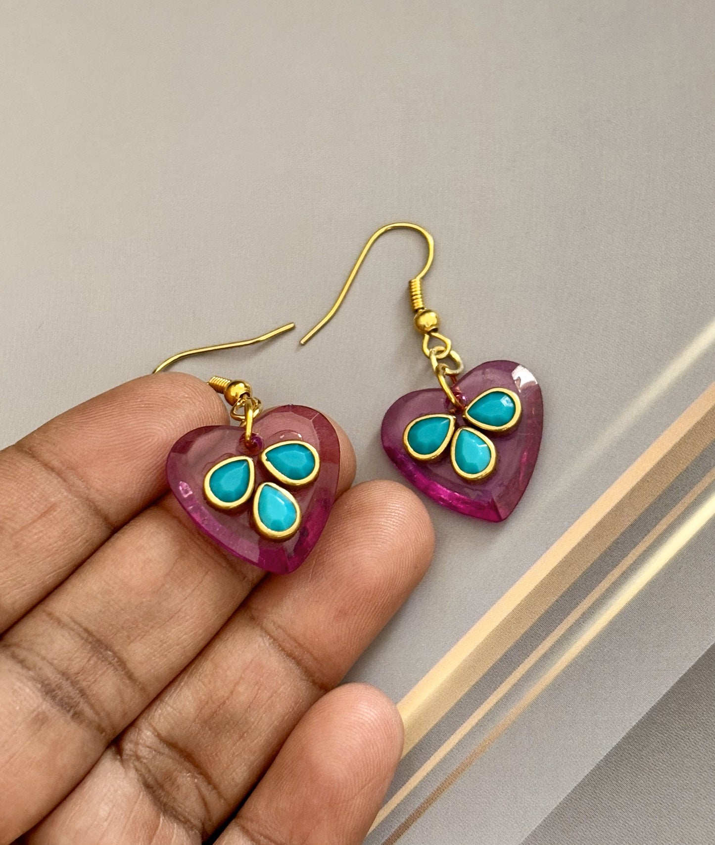 Pink Heart Drop Earrings with Turquoise Kundan Stones