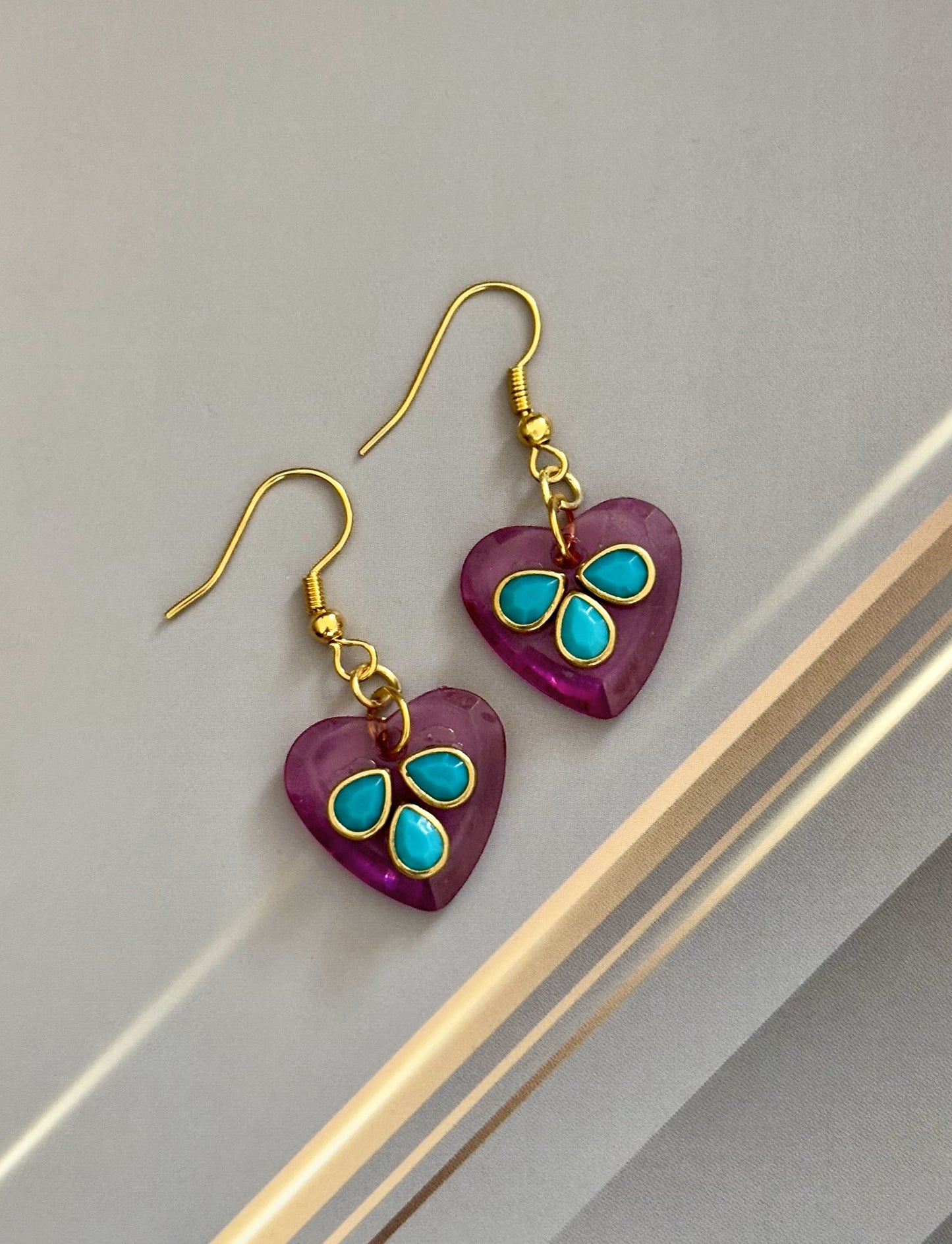 Pink Heart Drop Earrings with Turquoise Kundan Stones