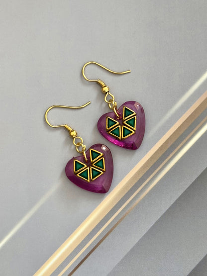 Pink Heart Earrings with Green Geometric Kundan Design