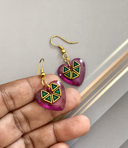 Pink Heart Earrings with Green Geometric Kundan Design