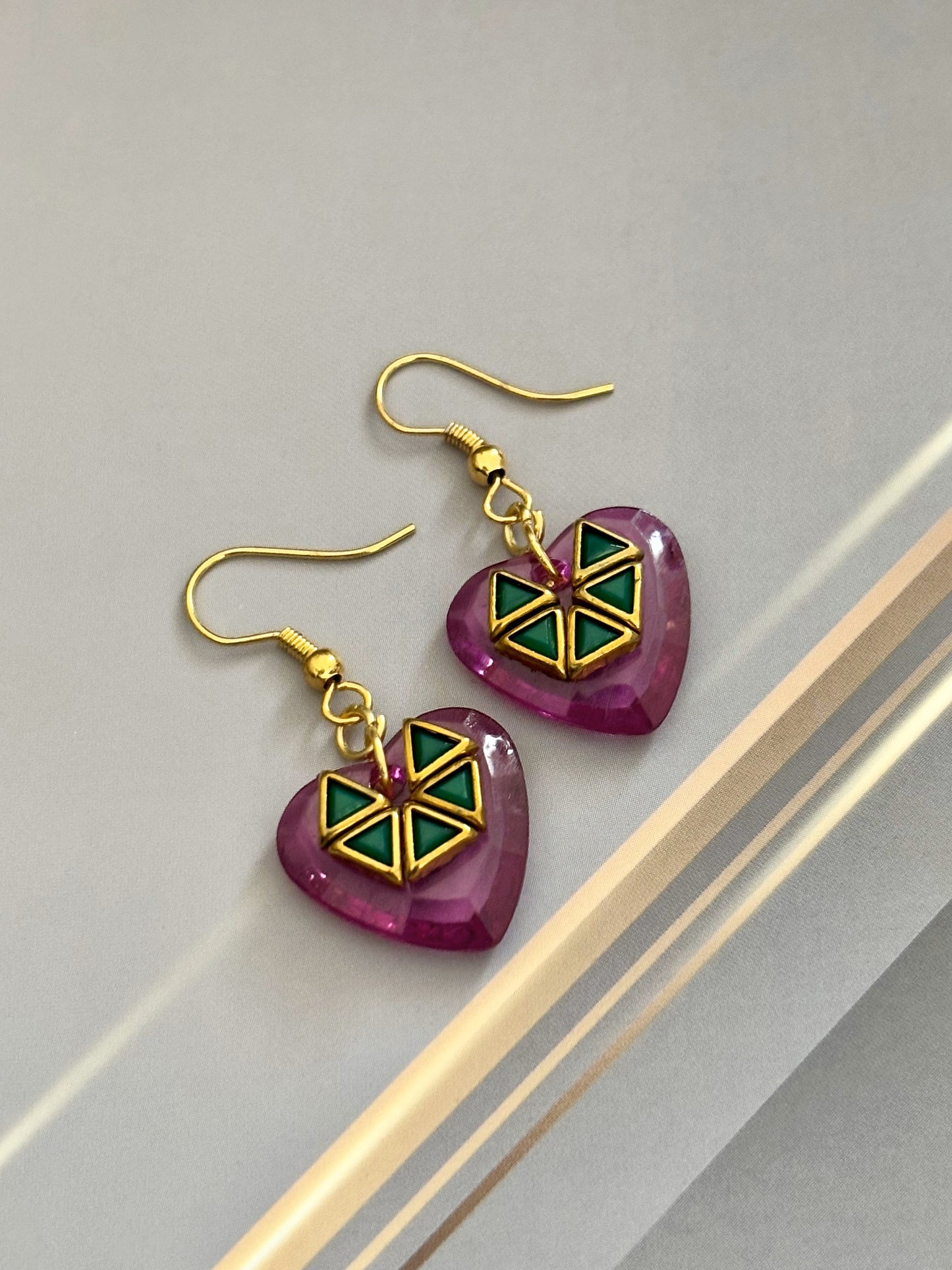 Pink Heart Earrings with Green Geometric Kundan Design