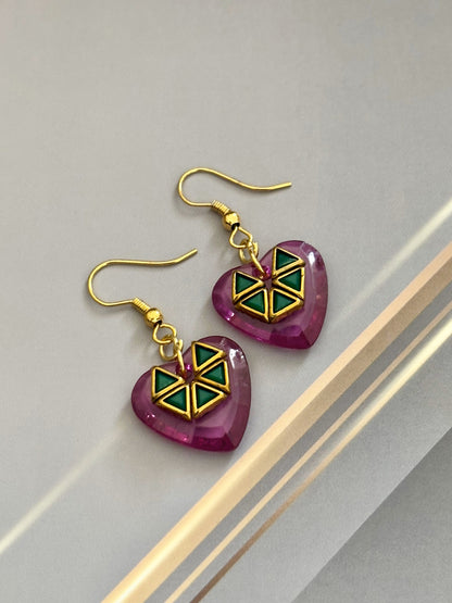 Pink Heart Earrings with Green Geometric Kundan Design