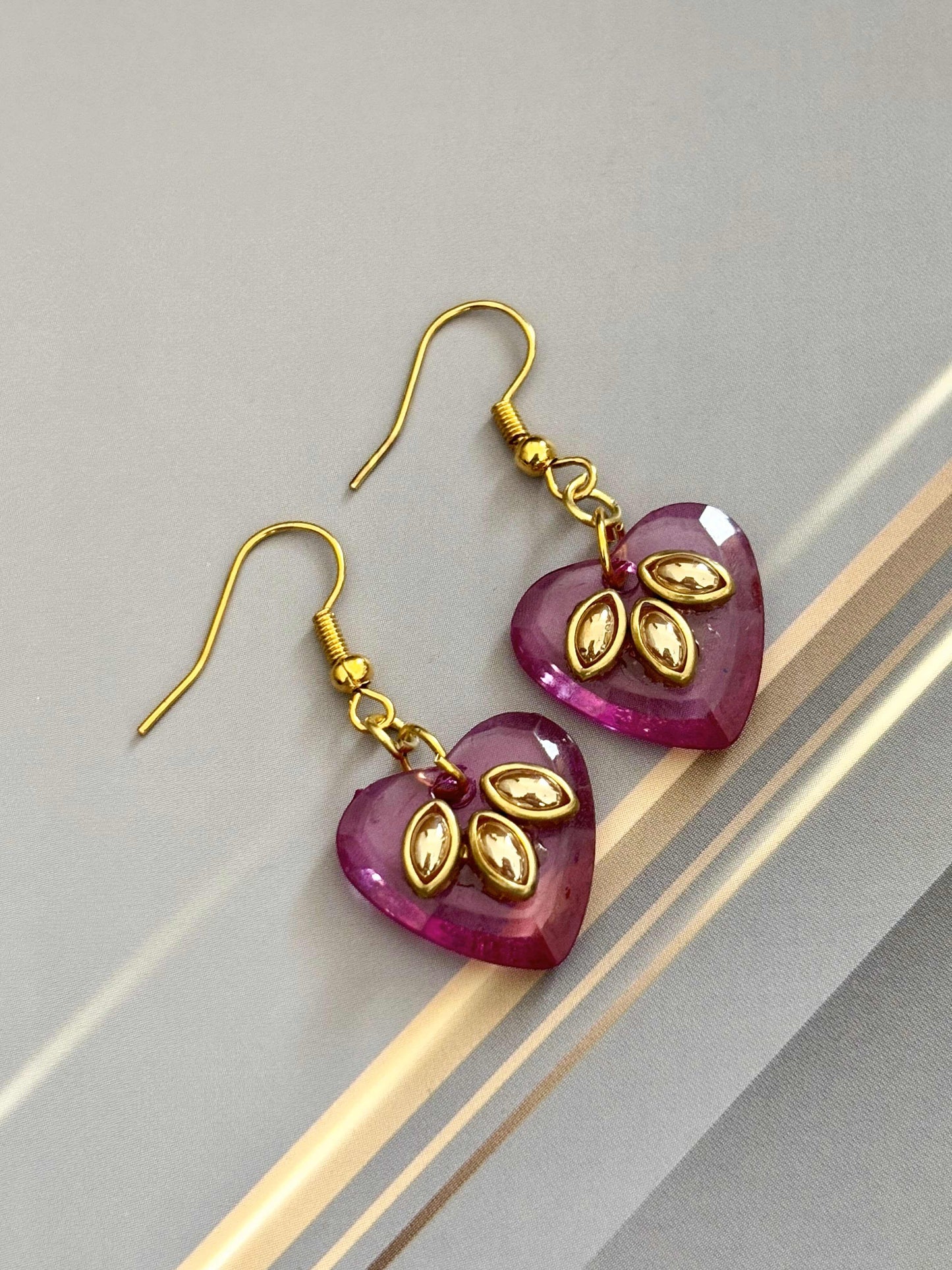 Pink Heart Drop Earrings with Gold Kundan Leaf Design