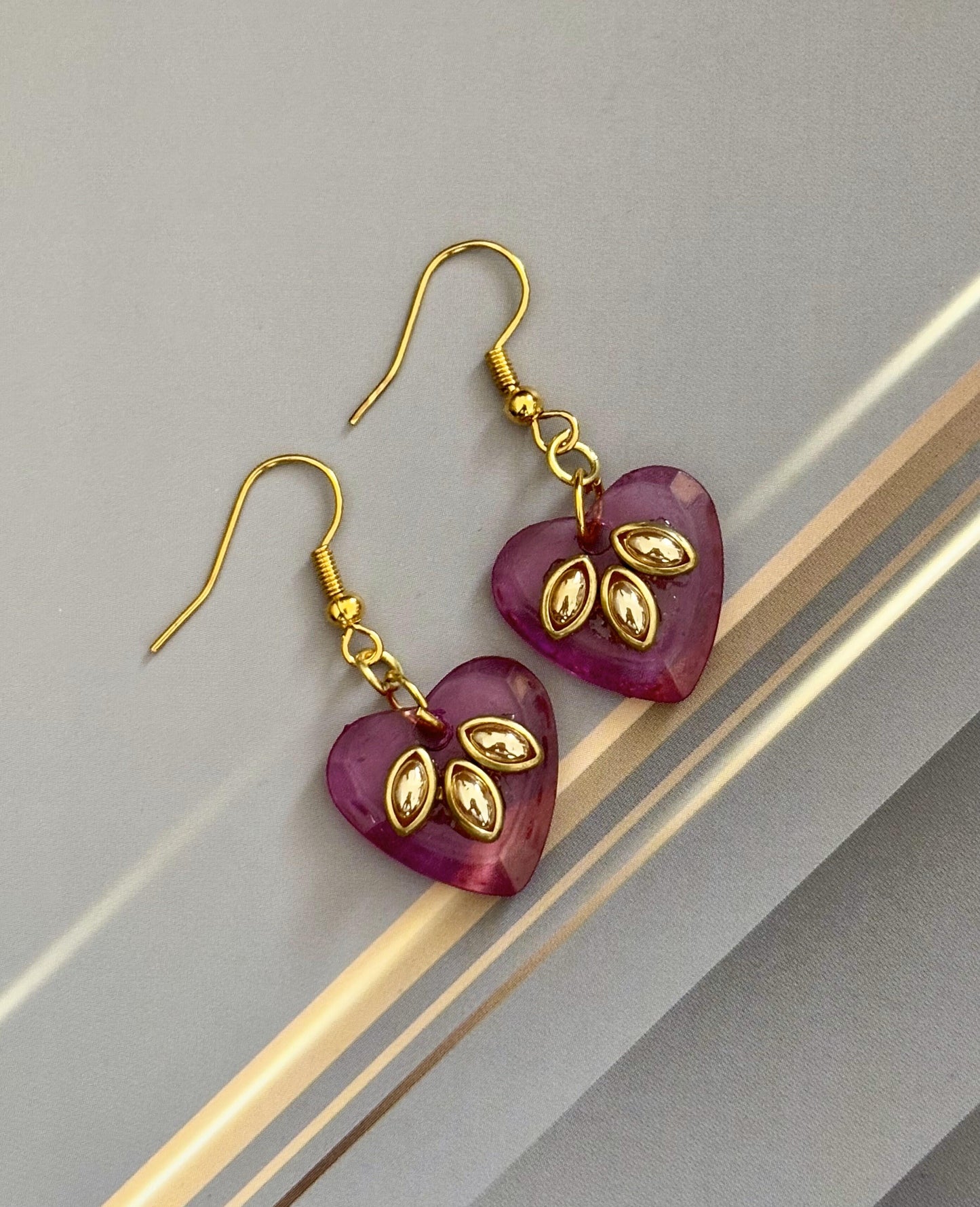 Pink Heart Drop Earrings with Gold Kundan Leaf Design